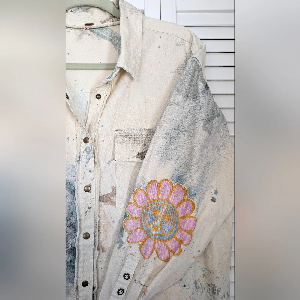 Free People Sunshine Fields Buttondown Top Splatter Denim Jacket Size S